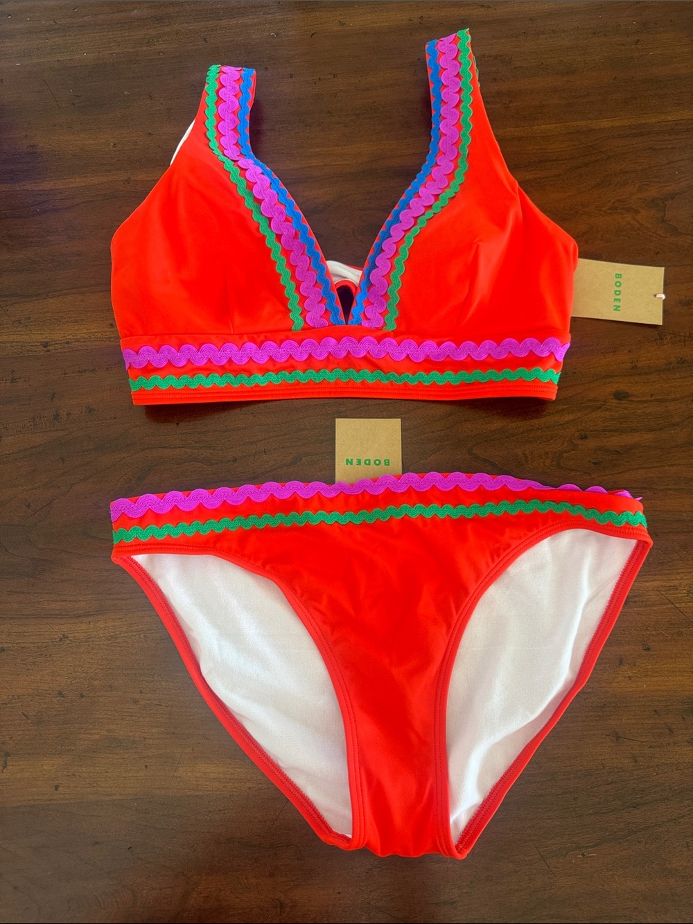 Boden Bright Red Bikini with Pink & Green Scallop Trim